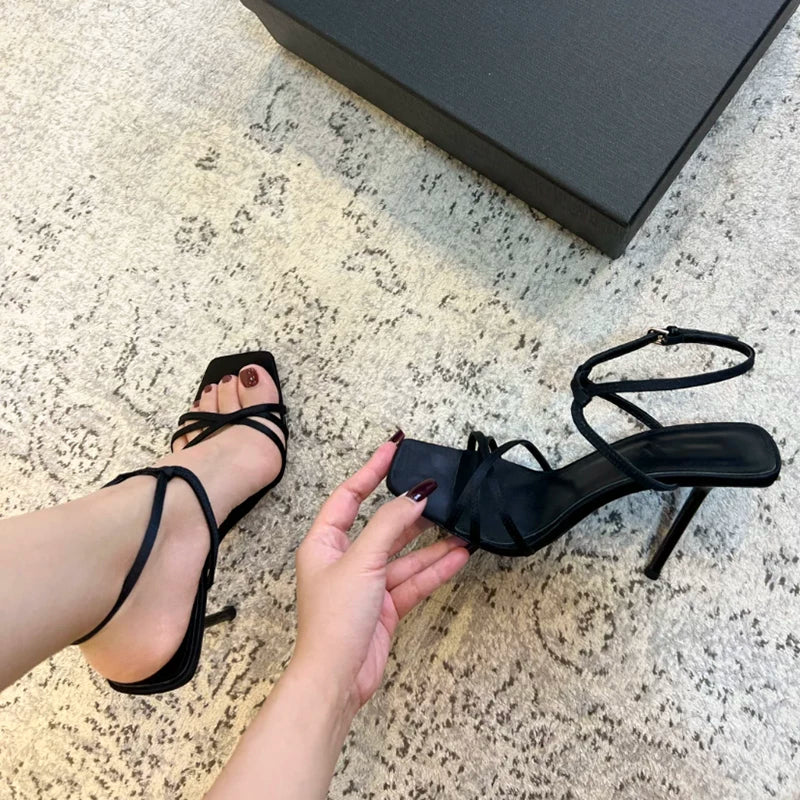 Jaghds | Summer Black Square Toe Stiletto Sandals for Women with Thin Strap and Buckle Detail