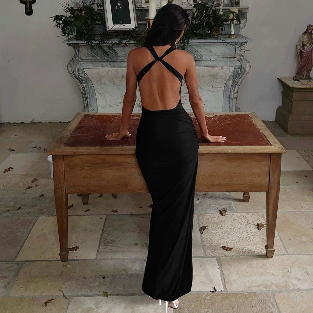 Jaghds | Elegant Swing Collar Backless Suspender Dress with Pleated High Waist