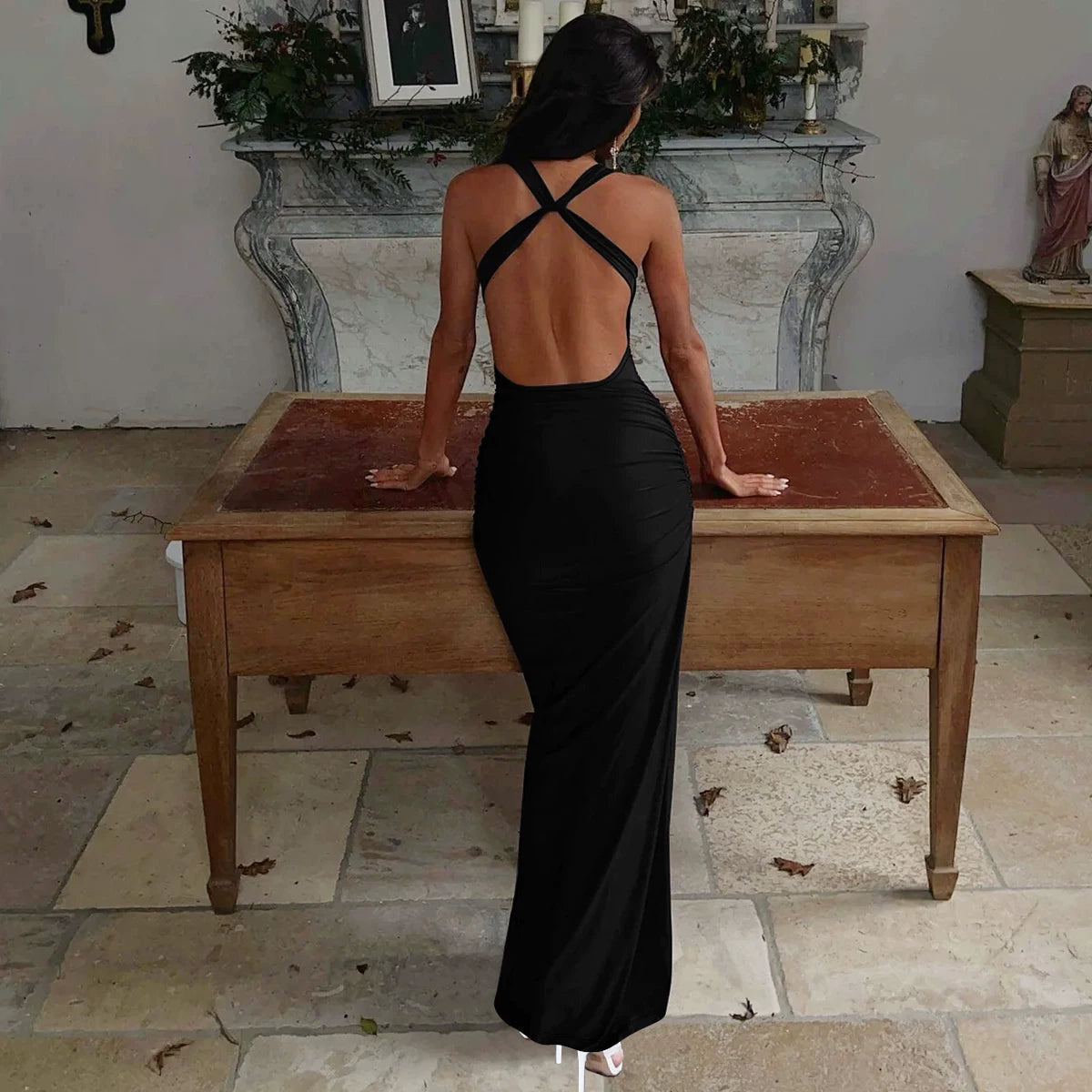 Jaghds | Elegant Swing Collar Backless Suspender Dress with Pleated High Waist