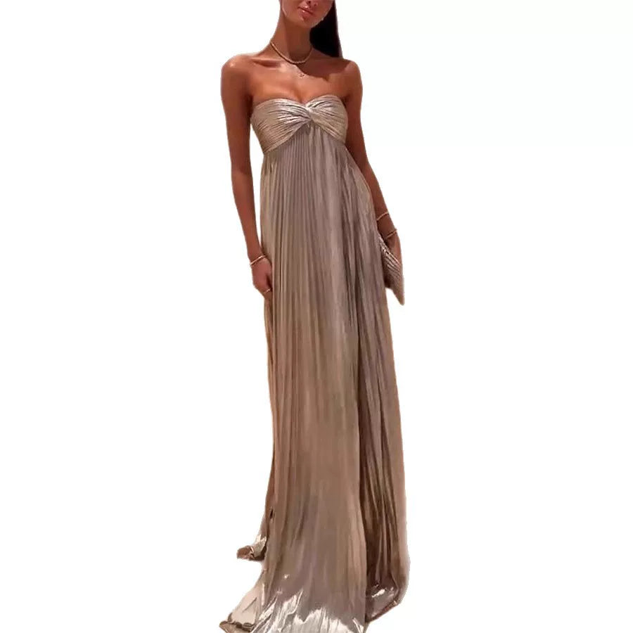 Jaghds | Strapless Metallic Slit Evening Dress for Formal Occasions