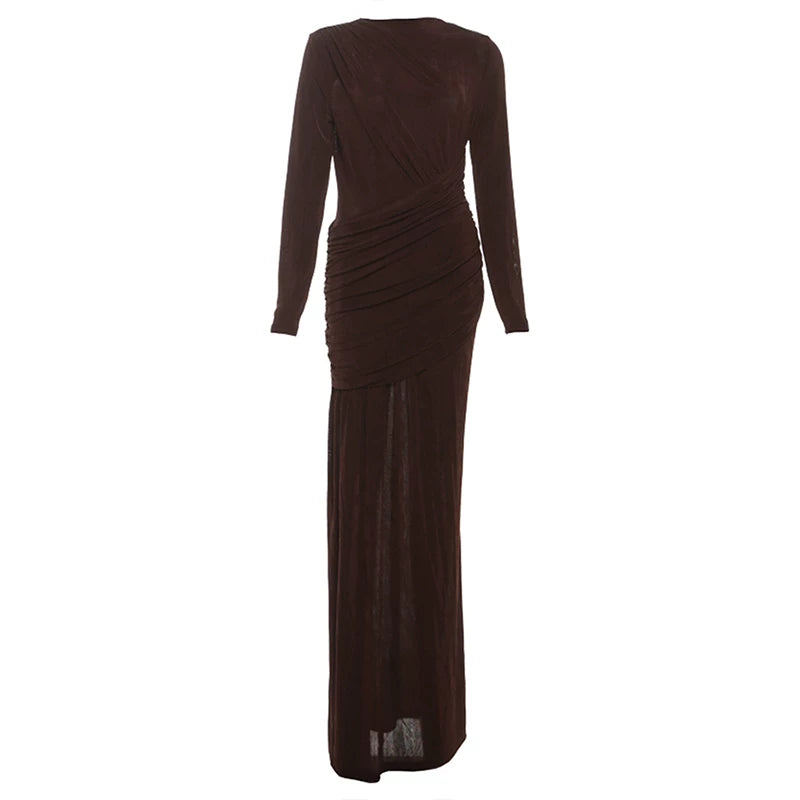 Jaghds | European Style Retro Solid Color Long-Sleeved Dress with Pleated Waist