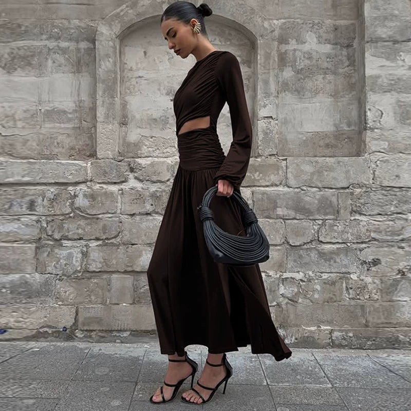 Jaghds | Elegant Round Neck Long-Sleeve Dress with Pleated Waist and High Slit