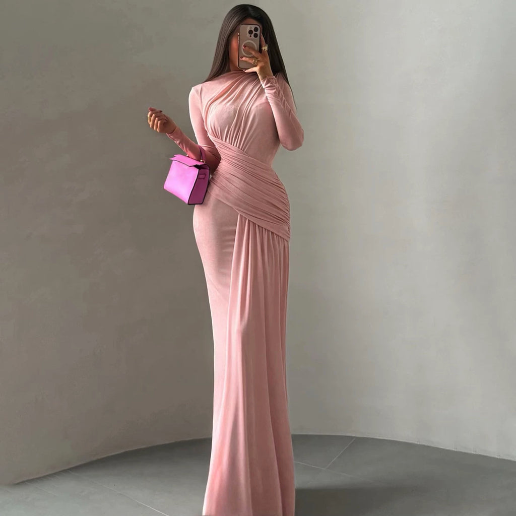 Jaghds | European Style Retro Solid Color Long-Sleeved Dress with Pleated Waist