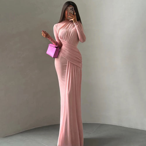 Jaghds | European Style Retro Solid Color Long-Sleeved Dress with Pleated Waist