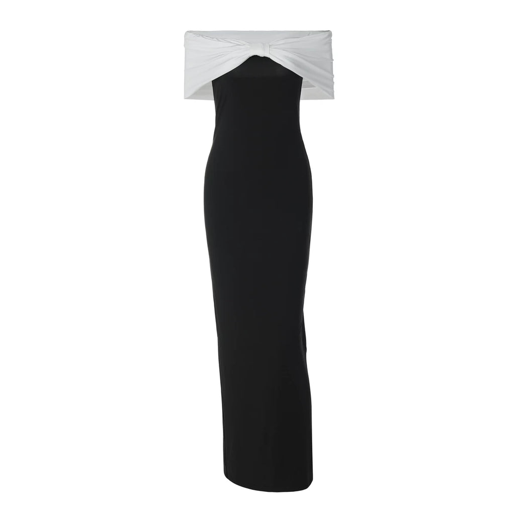 Jaghds | European and American Contrast Color One-Line Collar Dress with High Waist and Side Slit