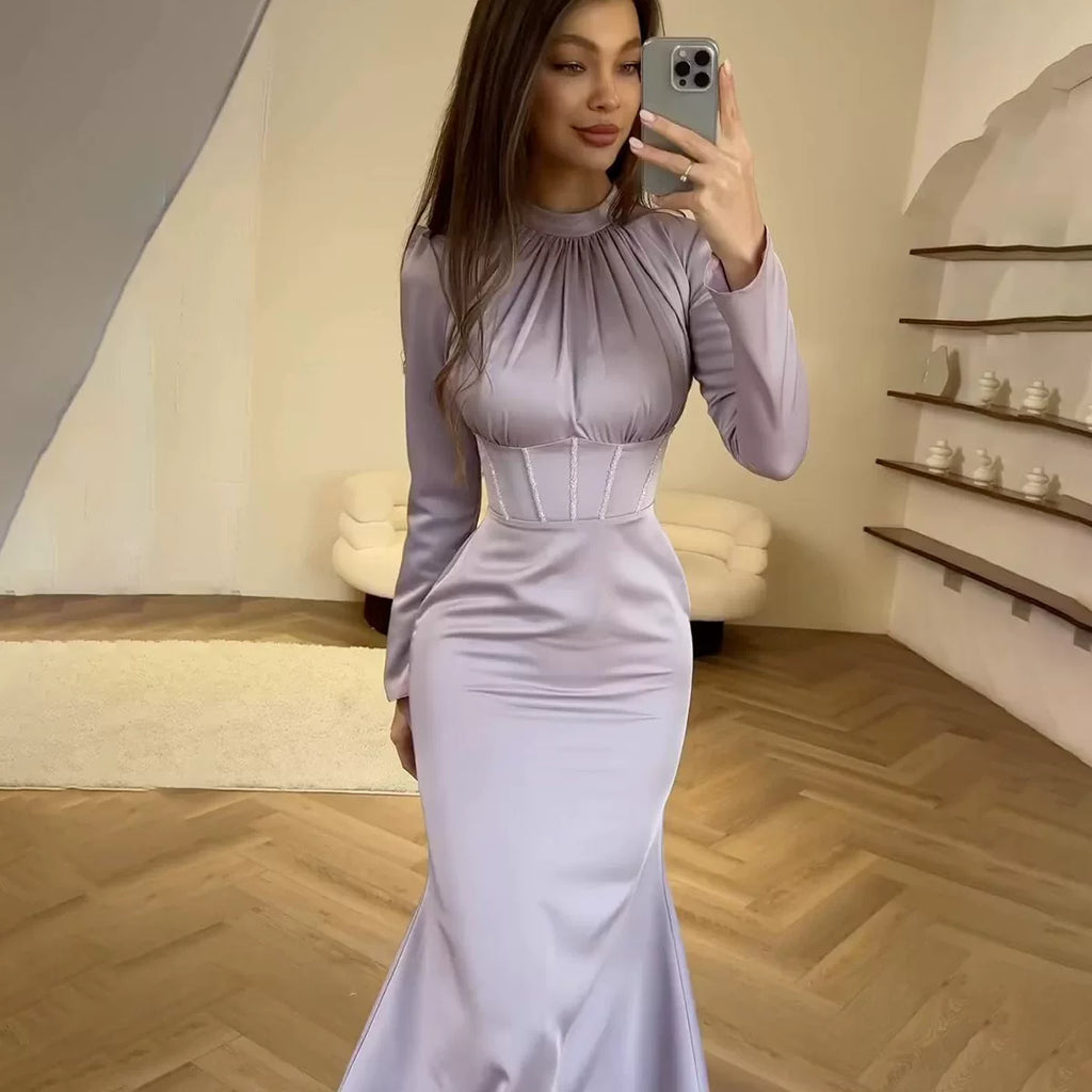 Jaghds | Women’s Long-Sleeved Pleated Dress with Irregular Slit Hem