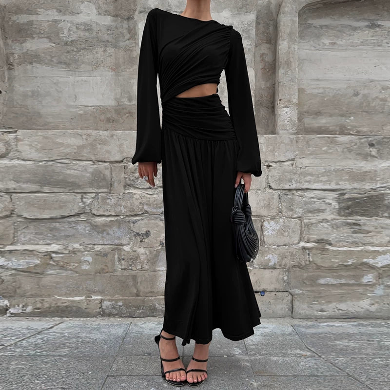 Jaghds | Elegant Round Neck Long-Sleeve Dress with Pleated Waist and High Slit