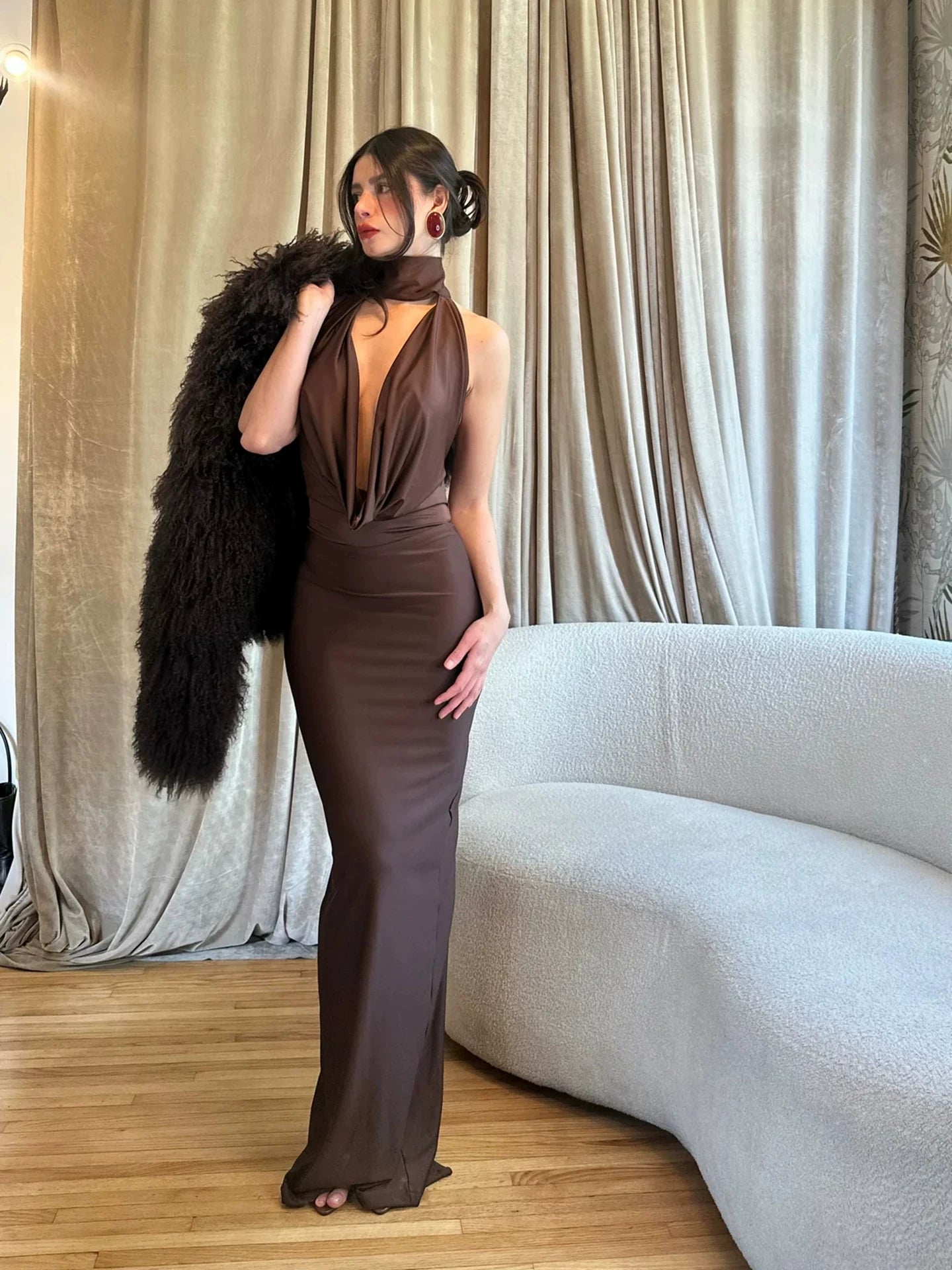 Jaghds | Elegant Swing Collar Halter Backless Dress with Long Skirt