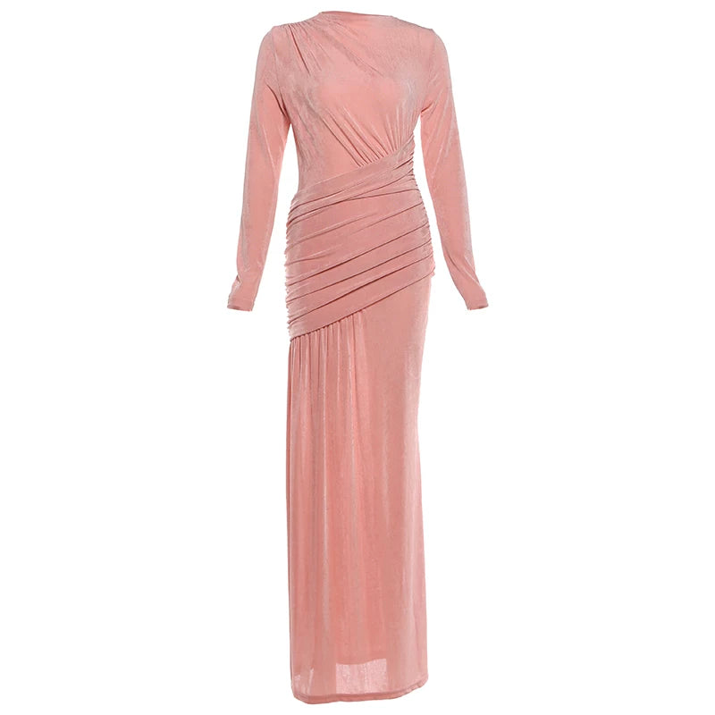 Jaghds | European Style Retro Solid Color Long-Sleeved Dress with Pleated Waist