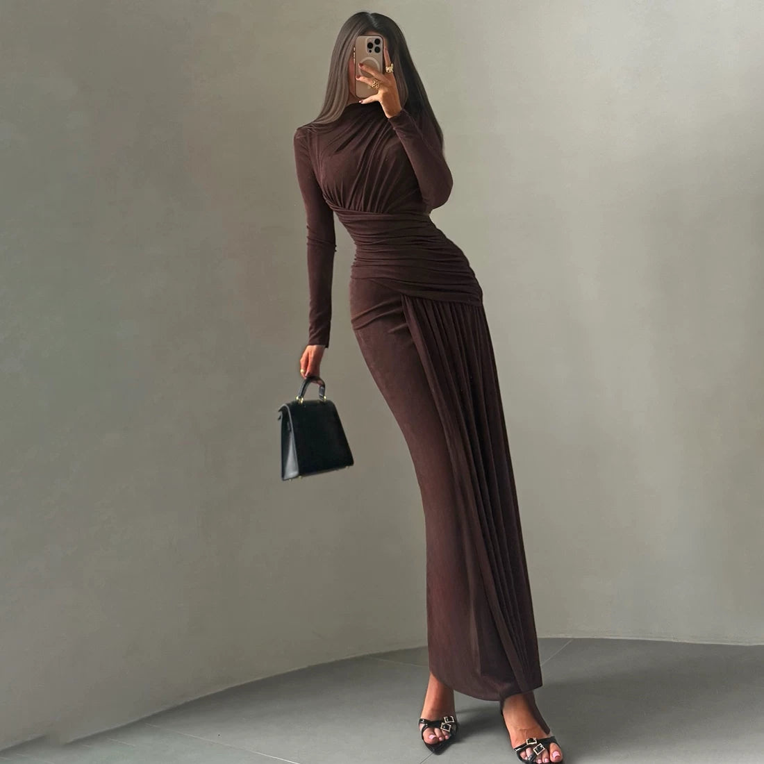 Jaghds | European Style Retro Solid Color Long-Sleeved Dress with Pleated Waist