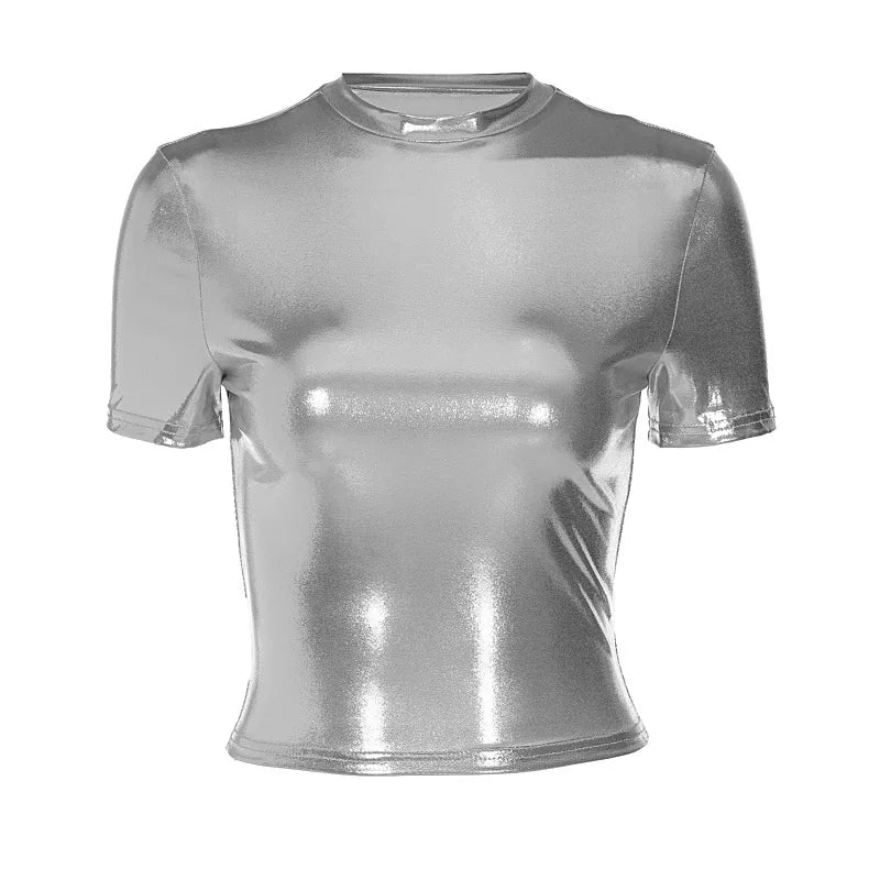 Jaghds | Silver Metallic Cropped T-Shirt for Women, Reflective Short Sleeve Street Style Top