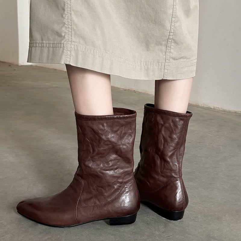 Jaghds | Pleated Pointed Toe Mid-Calf Boots for Women, Chunky Heel Autumn Winter Style