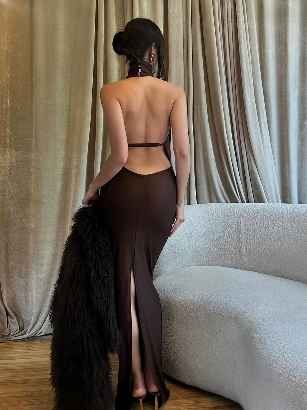 Jaghds | Elegant Swing Collar Halter Backless Dress with Long Skirt