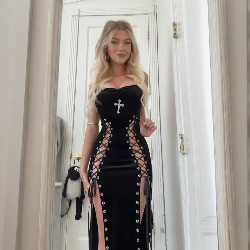 Jaghds | Slim Fit Strappy High Slit Gothic Maxi Dress for Women