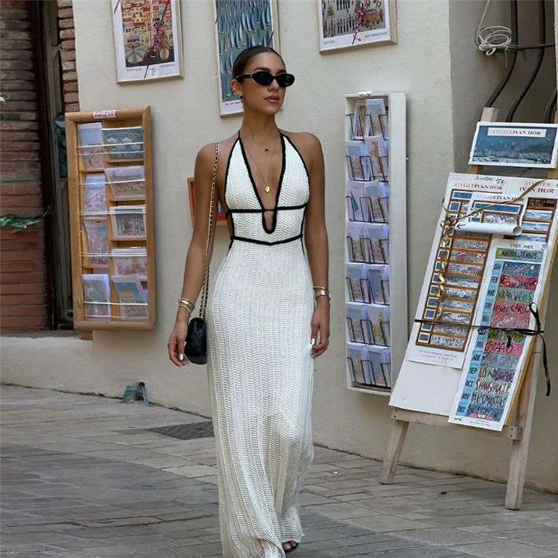 Jaghds | Resort Style Halter Neck Knit Maxi Dress in Black and White