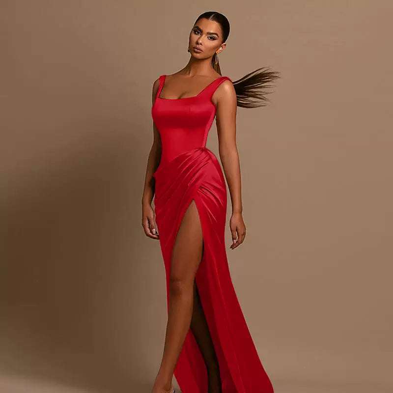 Jaghds | Square Neck Suspender Maxi Dress with Back Detail and Side Slit