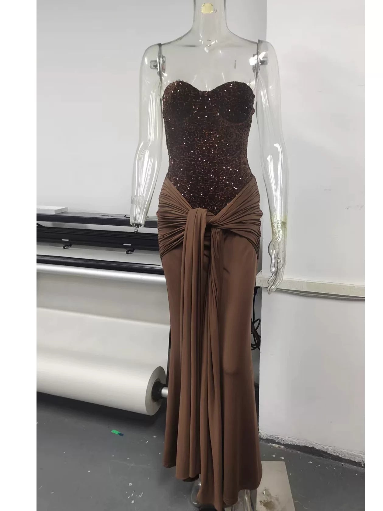 Jaghds | Herringbone Diamond Tube Top Dress with Twisted Strap and Spliced Long Skirt