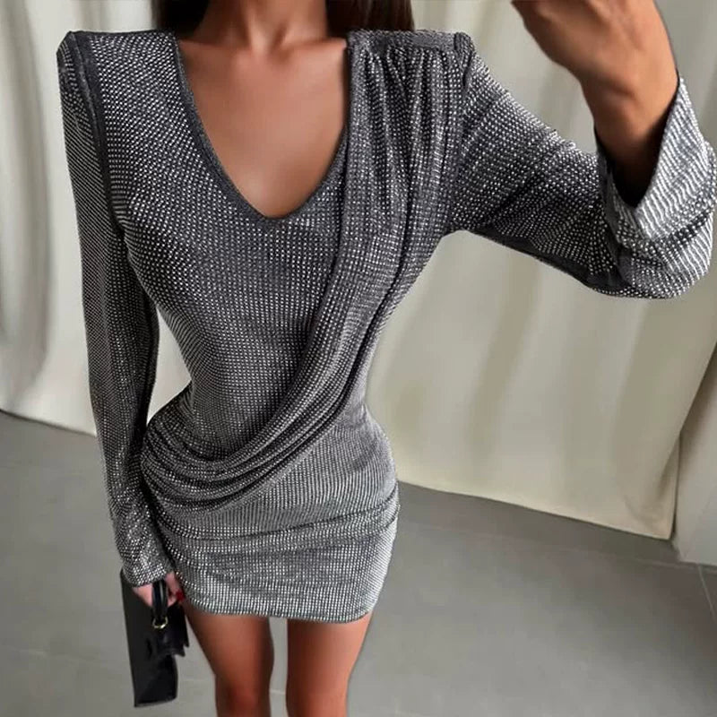 Jaghds | V-Neck Glitter Long Sleeve Maxi Dress with Slim Fit Waist