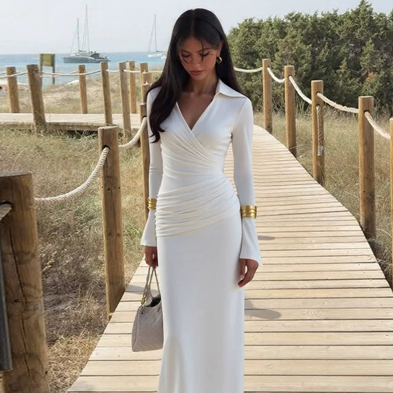 Jaghds | Cross V-Neck Pleated Long Sleeve Maxi Dress with High Waist