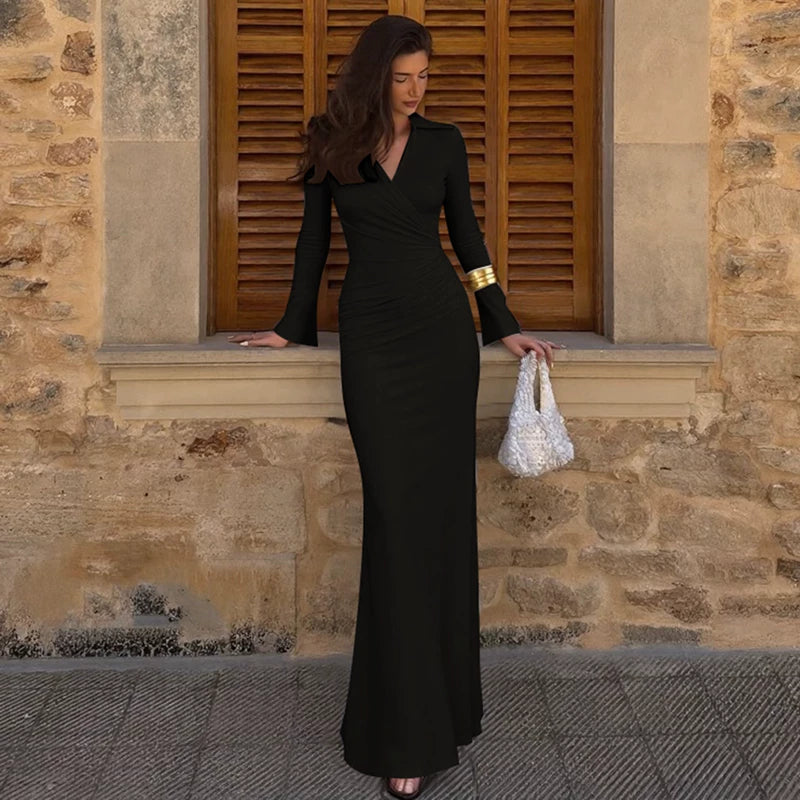 Jaghds | Cross V-Neck Pleated Long Sleeve Maxi Dress with High Waist