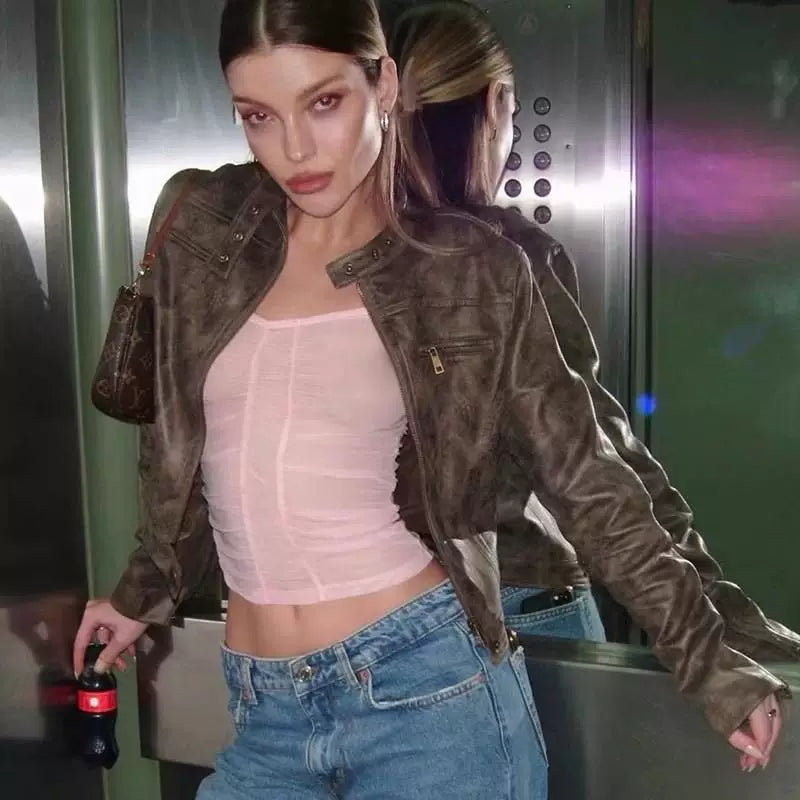 Jaghds | Autumn Winter PU Leather Short Jacket for Women with Stand Collar and Distressed Design