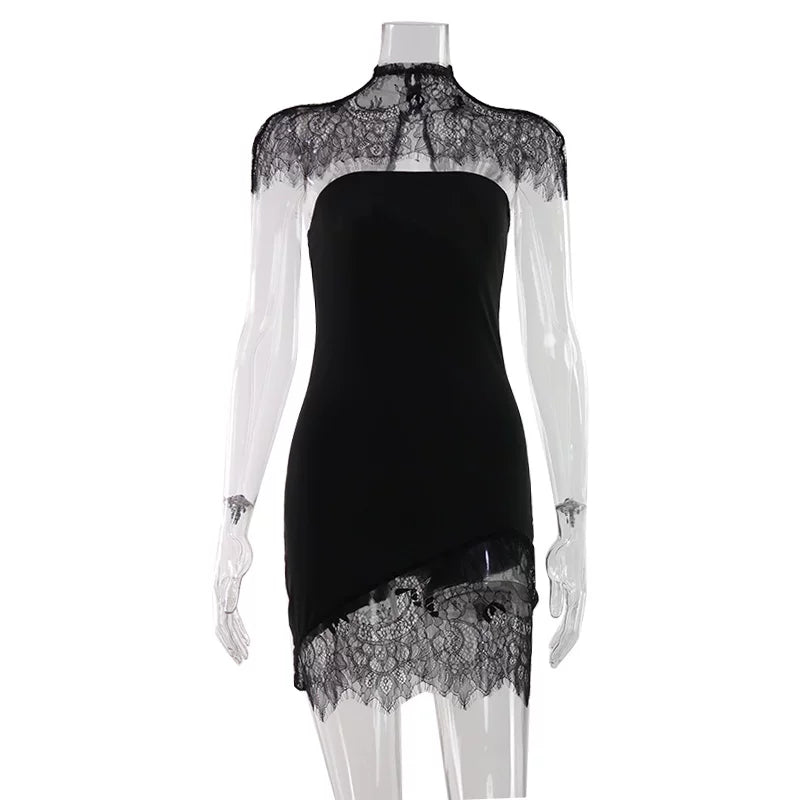 Jaghds | Black Lace Turtleneck Two-Piece Dress Set for Women