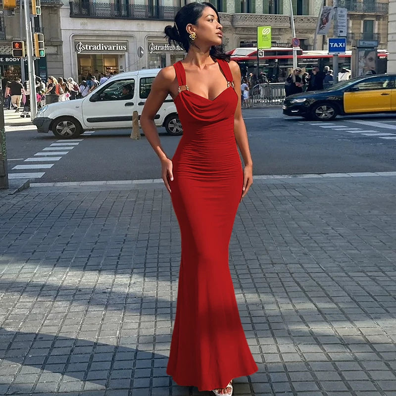 Jaghds | Elegant Swing Collar Backless Suspender Dress with Pleated High Waist