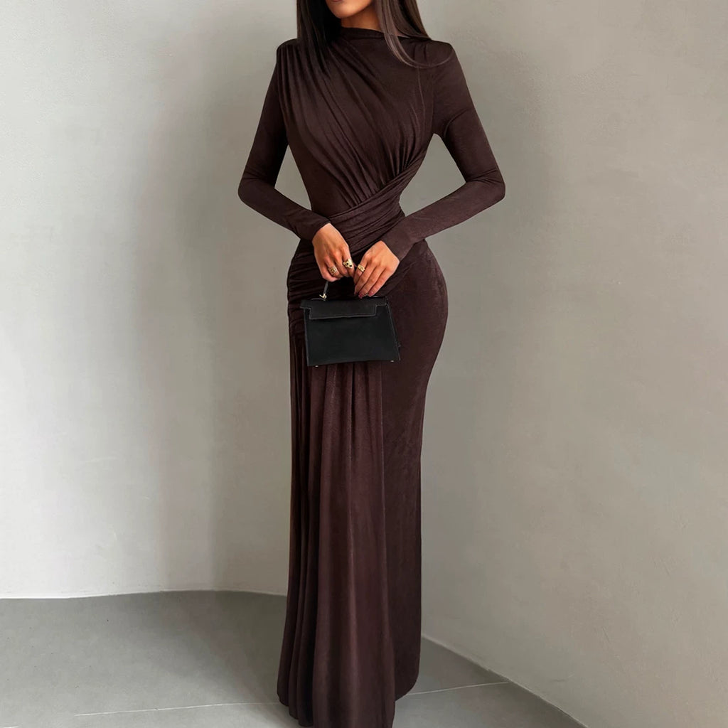 Jaghds | European Style Retro Solid Color Long-Sleeved Dress with Pleated Waist