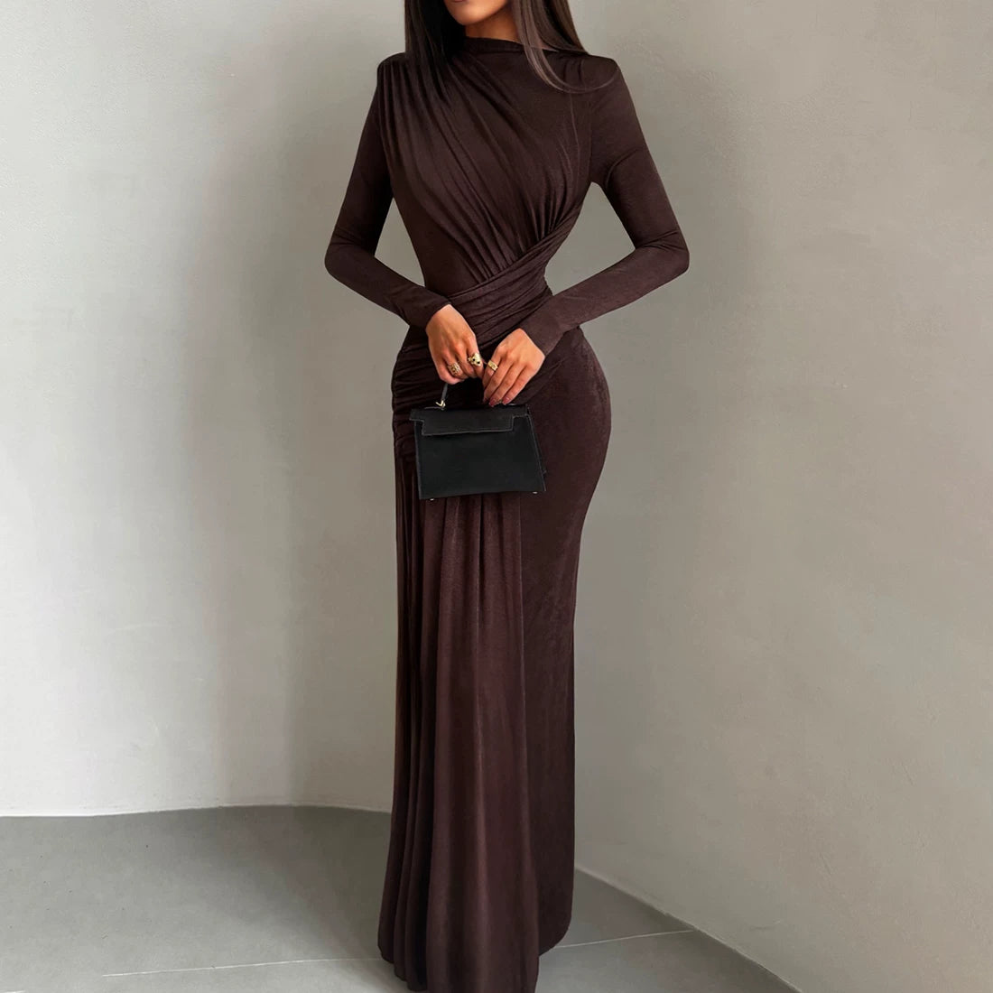Jaghds | European Style Retro Solid Color Long-Sleeved Dress with Pleated Waist
