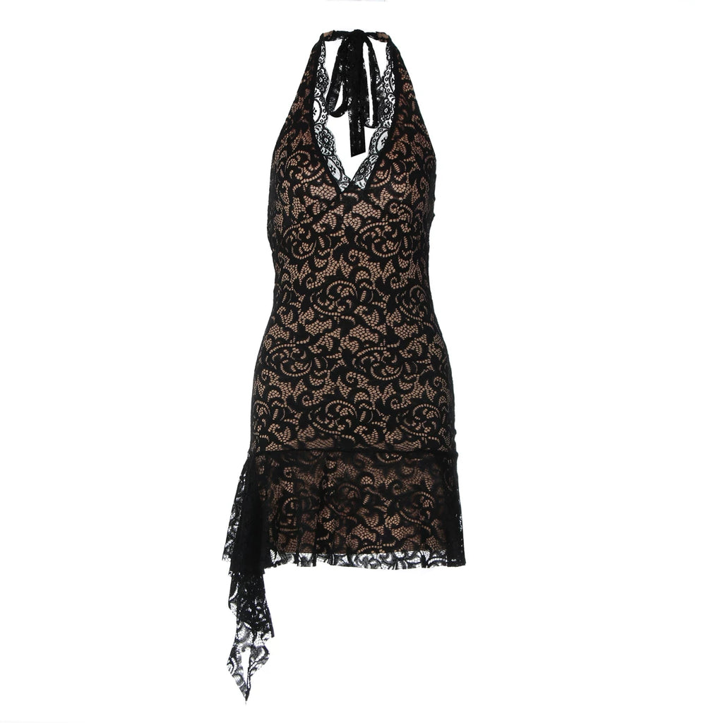 Jaghds | Halter Neck Dress with Deep Open Back and Double-Layer Lace