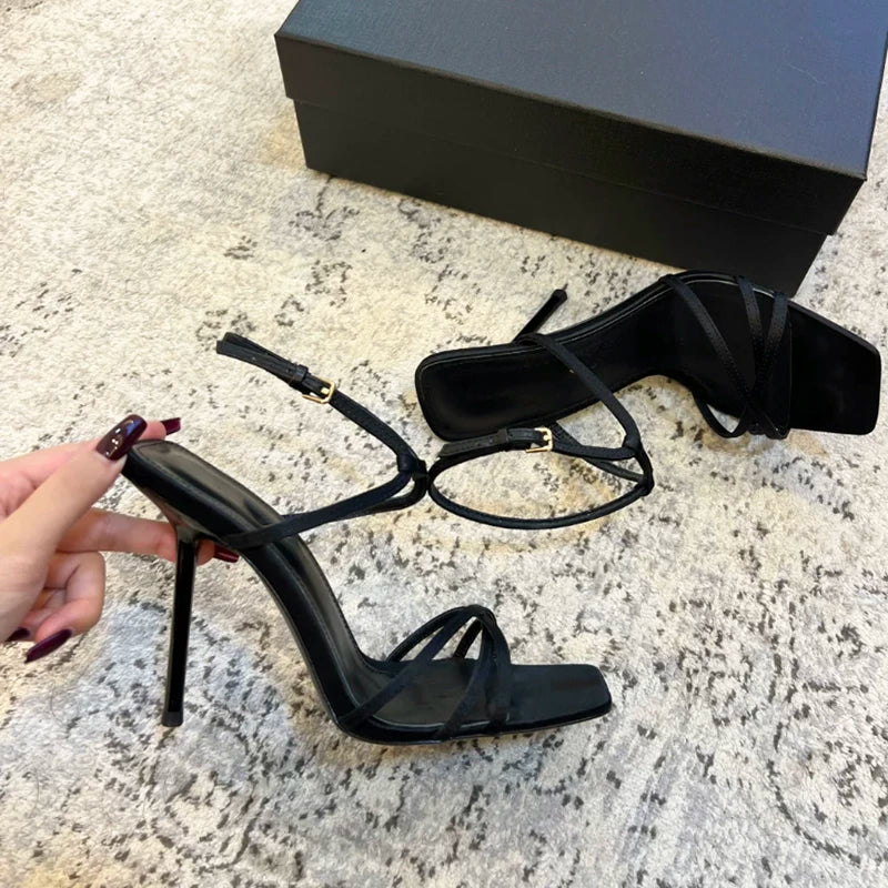 Jaghds | Summer Black Square Toe Stiletto Sandals for Women with Thin Strap and Buckle Detail