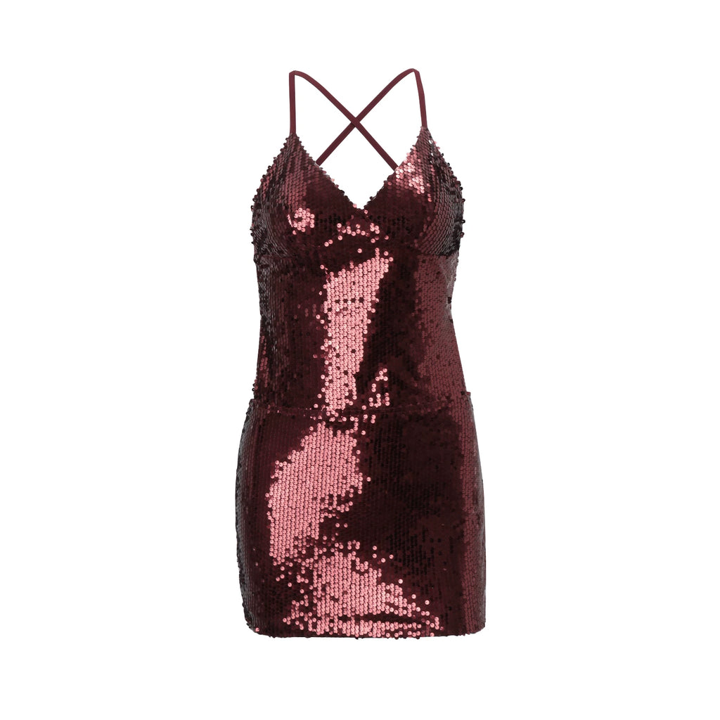 Jaghds | European and American Sequin Stitching V-Neck Suspender Dress in Red for Winter