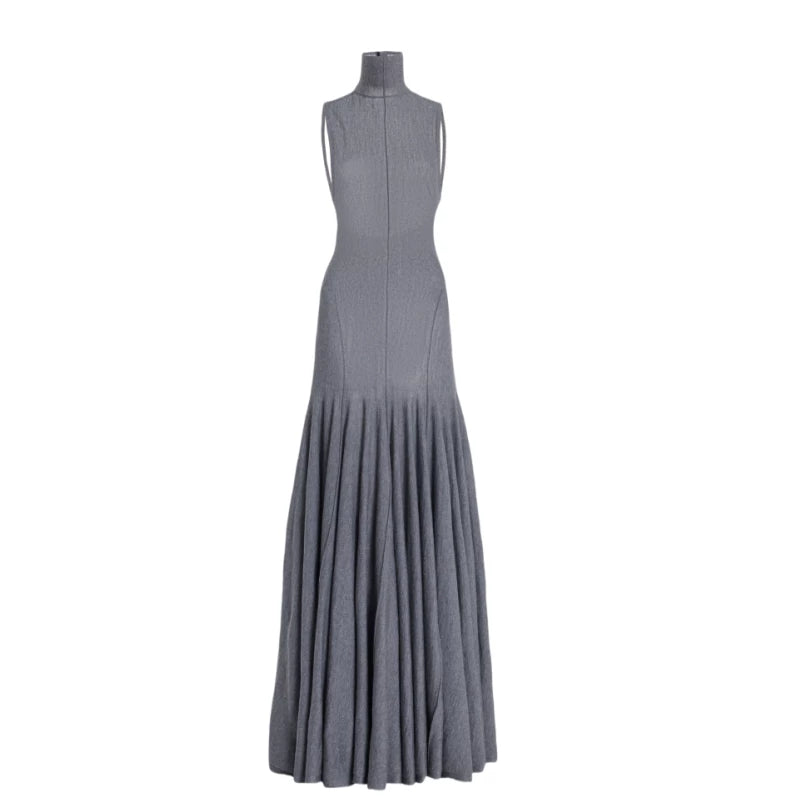 Jaghds | Open Back Dark Gray Maxi Dress with Defined Waist