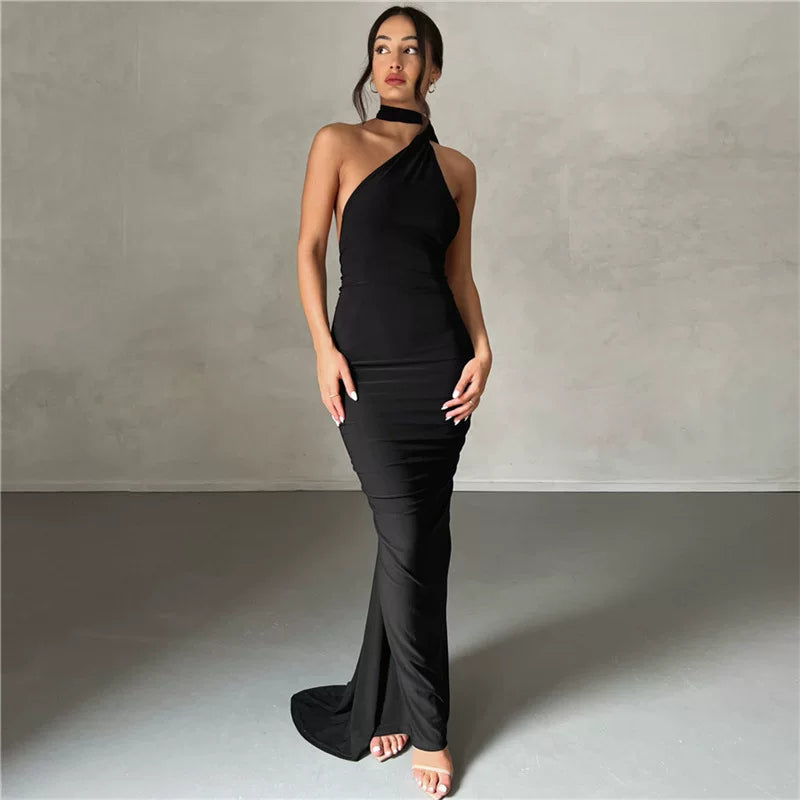 Jaghds | Elegant Backless Halter Neck Evening Dress with Solid Color Long Skirt