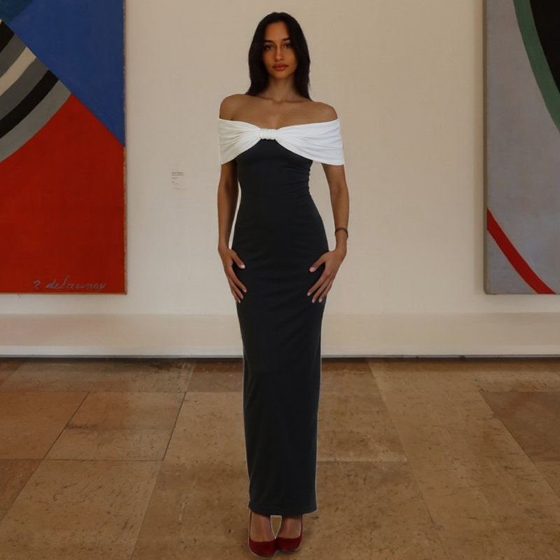 Jaghds | European and American Contrast Color One-Line Collar Dress with High Waist and Side Slit