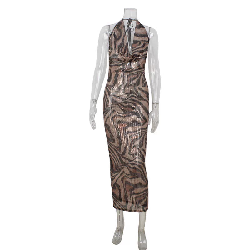 Jaghds | Leopard Print Halter Neck Dress with Rhinestone Detail