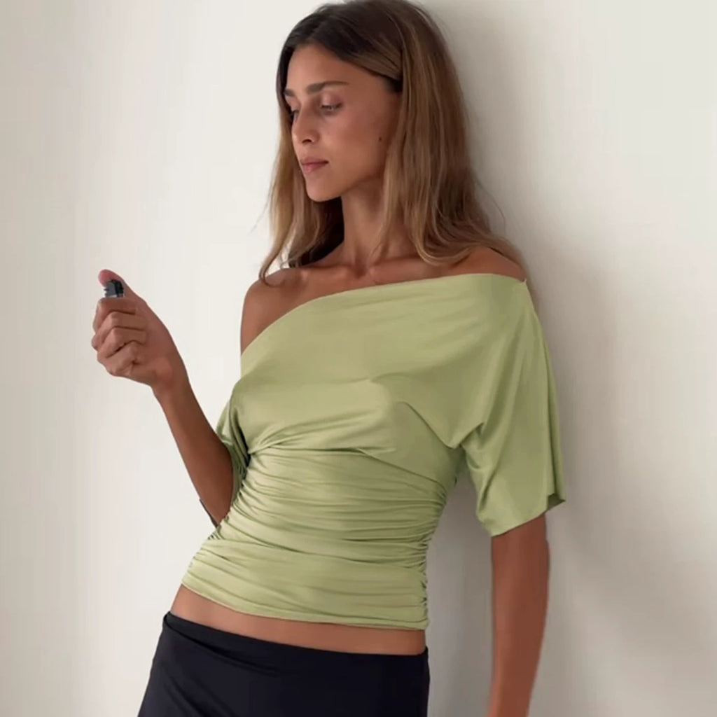 Jaghds | Asymmetrical Shoulder Short Sleeve Top for Women, Slim Waist Solid Color Design