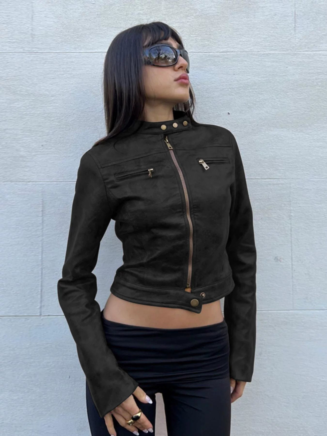 Jaghds | Spring Distressed Leather Jacket for Women with Stand-Up Collar and Street Style Design