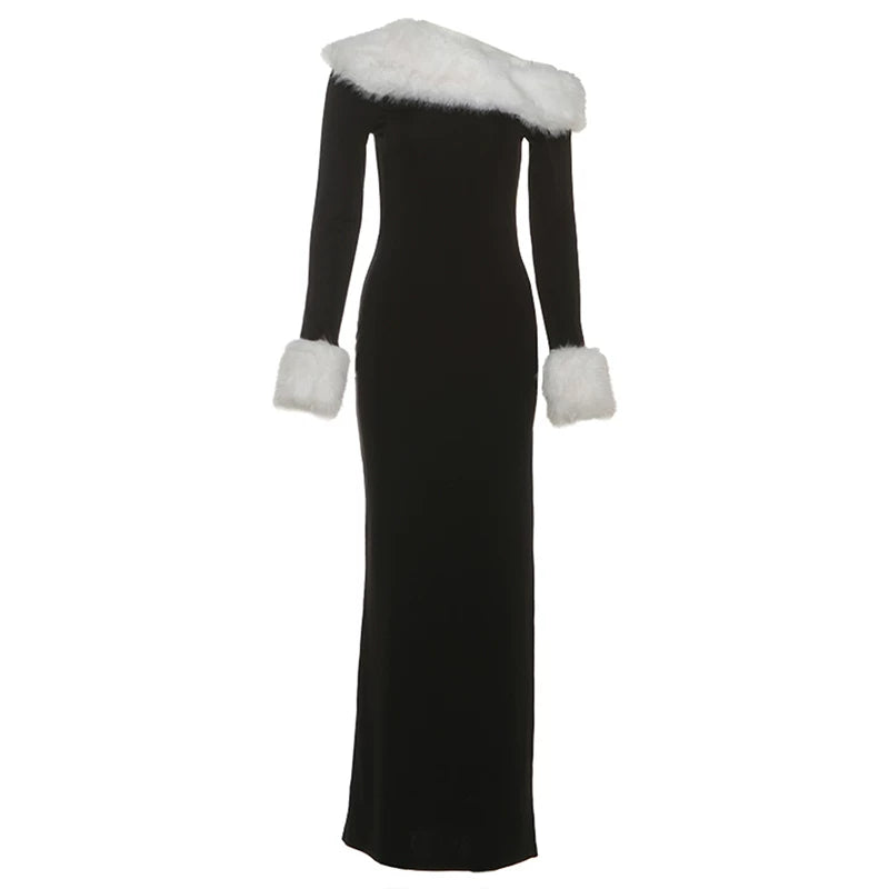 Jaghds | Women’s Hepburn-Inspired Long-Sleeved Dress with Fur Collar and Slanted Shoulder