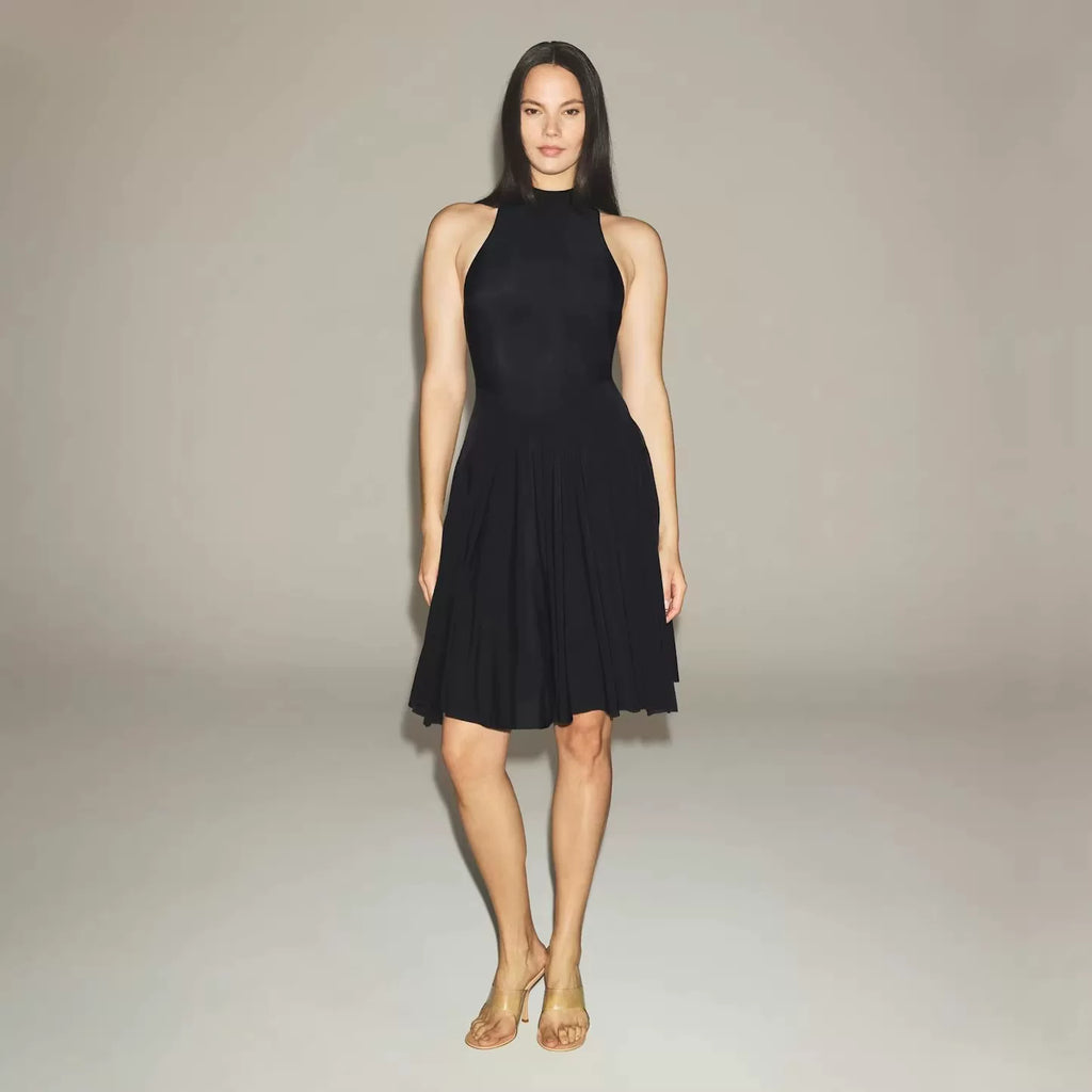 Jaghds | Sleeveless Pleated Midi Dress with High Collar and Elegant Silhouette