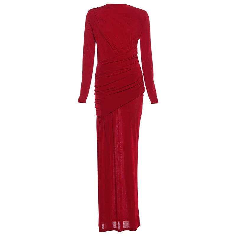 Jaghds | European Style Retro Solid Color Long-Sleeved Dress with Pleated Waist