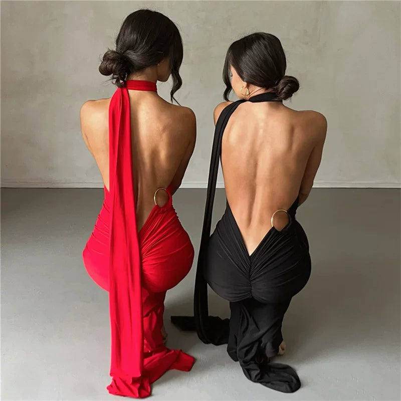 Jaghds | Elegant Backless Halter Neck Evening Dress with Solid Color Long Skirt