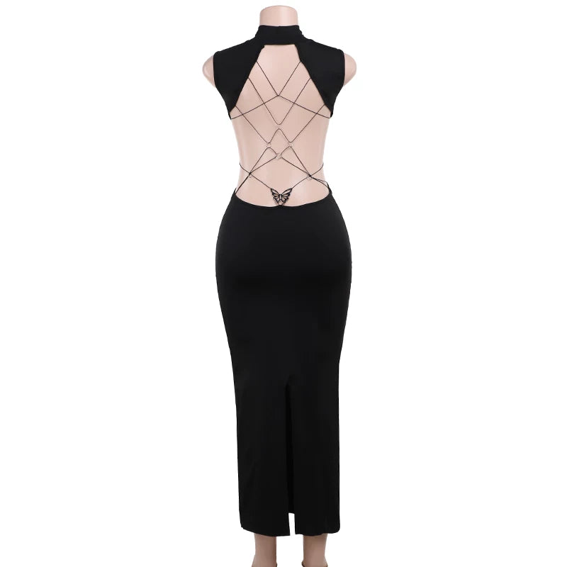 Jaghds | European and American Metal Butterfly Hollow Backless Dress with Slit Long Skirt