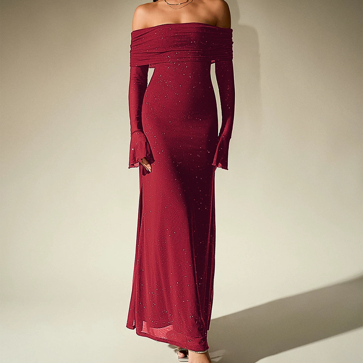 Jaghds | High-End One-Shoulder Black Mesh Fishtail Long Dress for Women