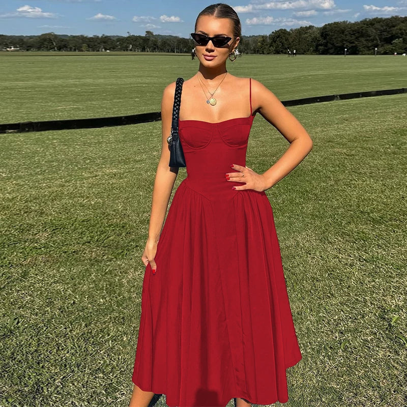 Jaghds | French Retro Solid Color Suspender Dress with High Waist Knee-Length Skirt