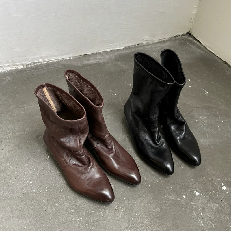 Jaghds | Pleated Pointed Toe Mid-Calf Boots for Women, Chunky Heel Autumn Winter Style