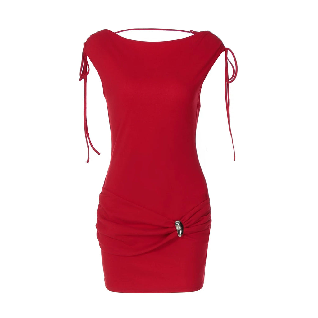 Jaghds | Elegant Backless Tie Sleeveless Dress with Metal Ring Detail for Women