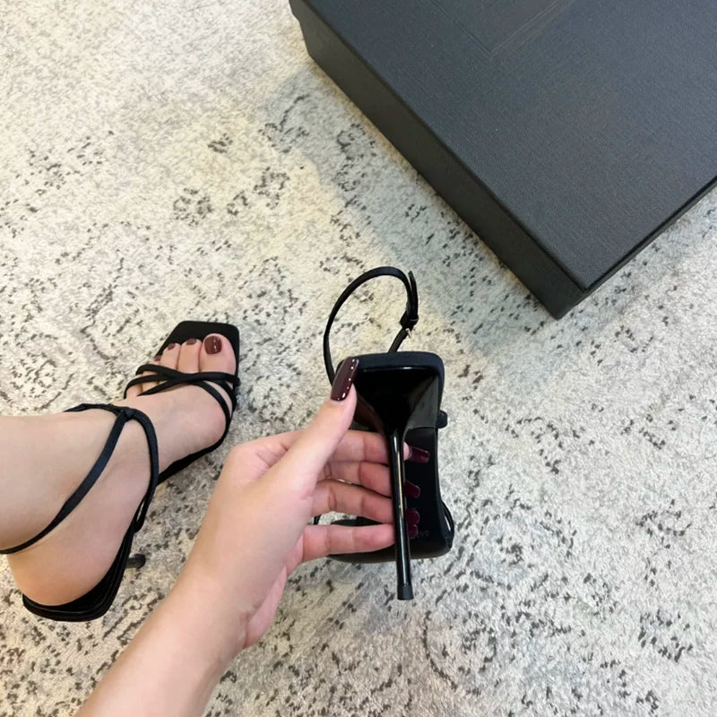 Jaghds | Summer Black Square Toe Stiletto Sandals for Women with Thin Strap and Buckle Detail