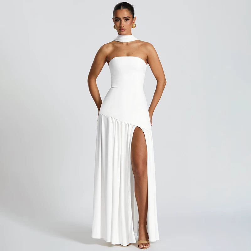 Jaghds | European Style One-Line Collar Tube Top Dress with High Slit