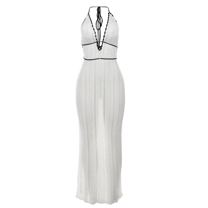 Jaghds | Resort Style Halter Neck Knit Maxi Dress in Black and White